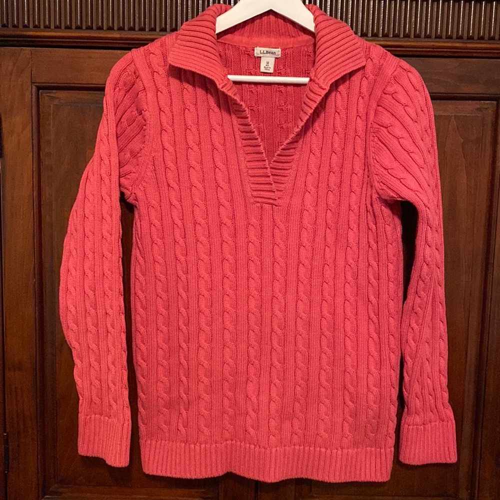 L. L. Bean 100% cotton collared cable and bar pullover rose pink Size Medium